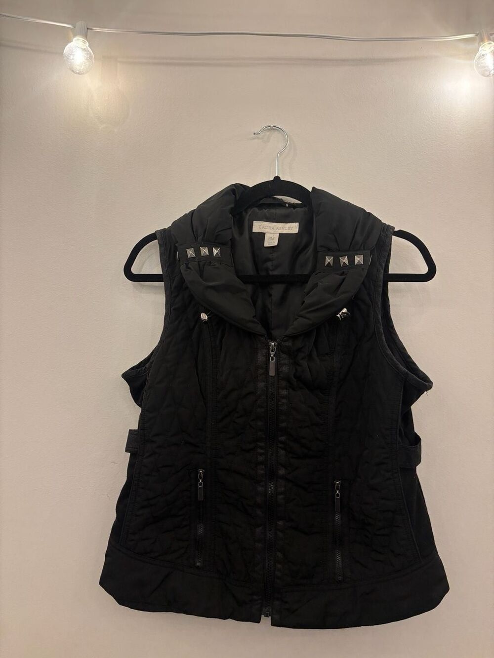 Laura Ashley Women's Black Quilted Zip-Up Vest with Studded Collar Detail